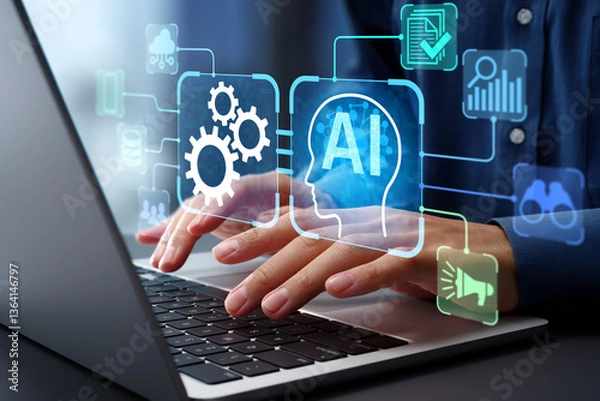 Fototapeta AI agent and intelligent automation IA technology. Business process automation BPA system. Businessman using laptop computer to give instructions to AI at desk in office.