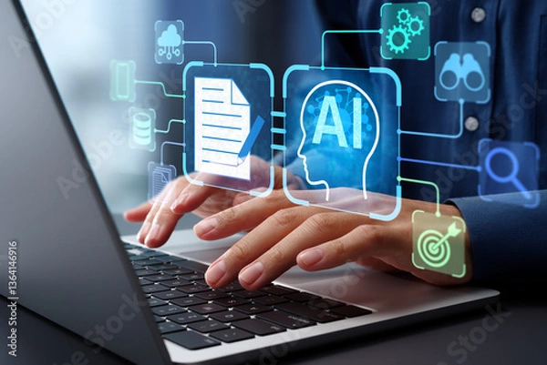 Obraz AI agent analyzing data and generating reports. Artificial intelligence and intelligent automation IA technology. Businessman using laptop computer to give instructions to AI at desk in office.