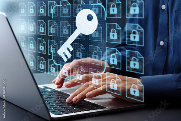 Obraz Encryption key management and secure document storage system. File data encryption and access control. Businessman using laptop computer.