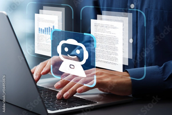 Obraz AI agent generating business reports and documents. Generative artificial intelligence analyzing text and making summary. Businessman using laptop computer to give instructions to AI.