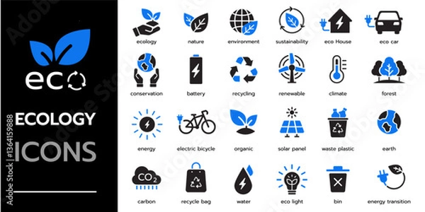 Fototapeta ecology icon set. environment, eco, recycling, sustainability, energy, green and more. Solid vector icons collection	
