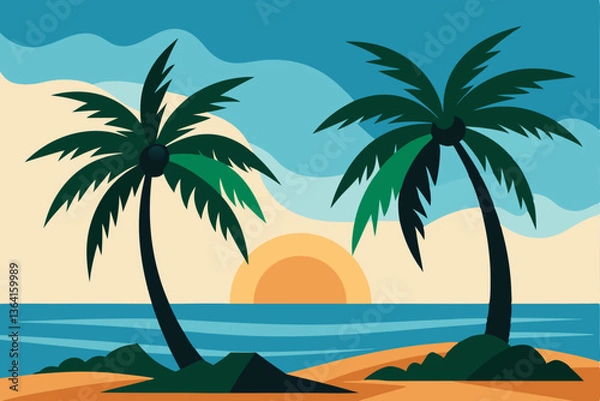 Fototapeta Tropical Sunset: Two palm trees gracefully frame a vibrant sunset over a serene ocean, creating a picturesque scene that embodies tranquility and the allure of a tropical paradise. 