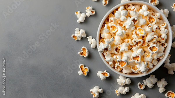 Fototapeta Overhead View of Buttery Popcorn in White Bowl on Grey Background