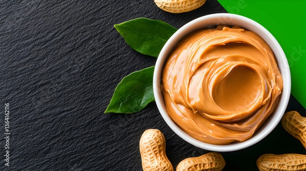Fototapeta Creamy Peanut Butter in White Bowl with Peanuts and Leaves