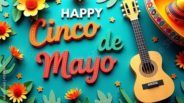 Fototapeta Happy Cinco 5 de Mayo Celebration with Cactus and Sombrero