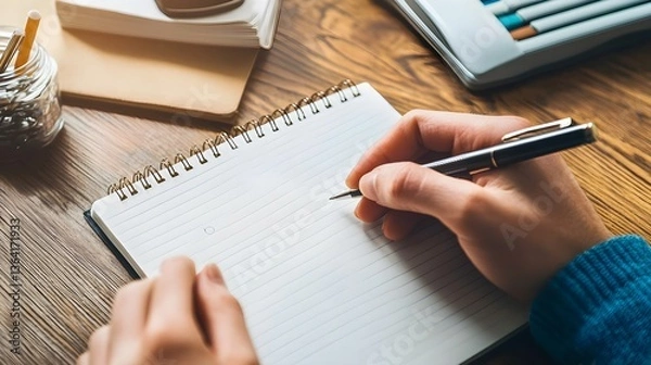 Fototapeta A person is writing in a spiral notebook on a wooden desk