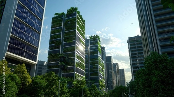 Fototapeta Futuristic Cityscape with Towering Skyscrapers Surrounded by Greenery and Solar Panels