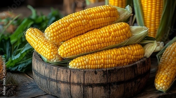 Fototapeta Fresh corn on the cob in clay pots on a wooden background.