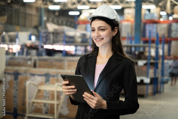 Fototapeta A woman wearing a hard hat and a black suit holding a tablet. She is smiling and she is happy