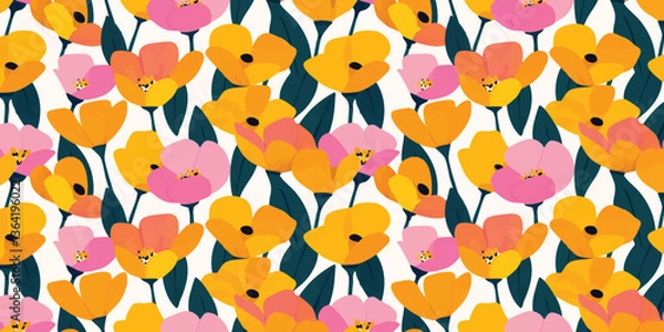Fototapeta A vibrant field of colorful flowers blooms in a captivating pattern, a cheerful dance of colors and forms. Capturing the vibrancy and elegance of the spring season.