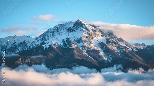 Obraz A majestic mountain peak covered in snow, standing tall above the clouds