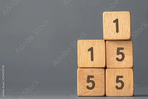 Obraz Close-Up of Stacked Wooden Blocks Displaying Numbers One and Five on a Gray Background