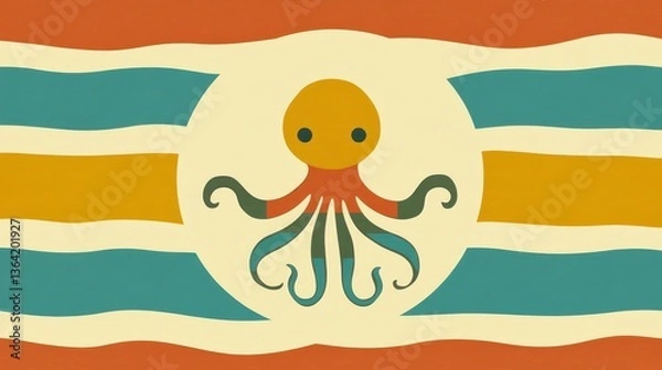 Fototapeta Cute Octopus Ocean Retro Flag Design Illustration.