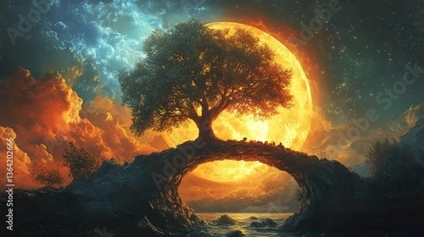 Fototapeta A solitary tree and a glowing moon in the night sky