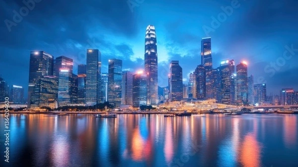 Fototapeta Night View of Hong Kong Skyline, Vibrant Cityscape Reflection on Water