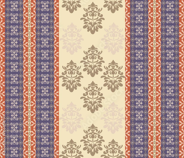 Obraz Damask art, ethnic style, Damask pattern, purple, orange background, vertical for textile, clothing, curtains, carpets, blankets, decoration, vector illustration.