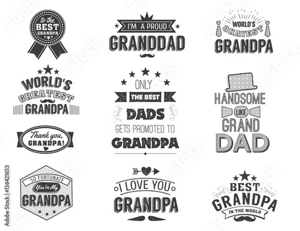 Fototapeta Isolated Grandfathers quotes on the white background. Grandpa congratulation label, badge vector collection. Granddads Mustache, hat, stars elements for your design