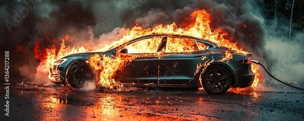 Obraz Dramatic photo of an electric car engulfed in flames, highlighting EV fire risks, battery hazards, and emergency scenarios. High-quality stock image for safety and news use
