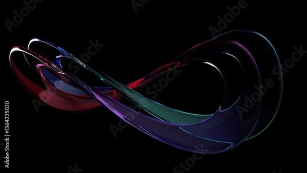 Fototapeta 3d render abstract Curved Shapes Shimmer With Iridescent Hues on dark background, Colorful Transparent glossy glass with dispersion.