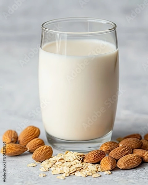 Fototapeta A glass of creamy almond milk surrounded by whole almonds and oats, showcasing a healthy and nutritious beverage option.