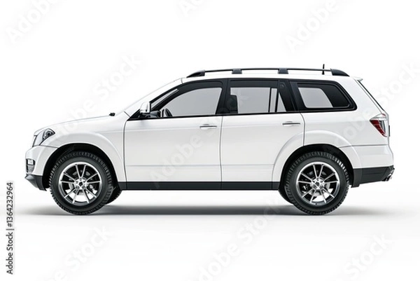 Fototapeta Side View of White Suv Car Isolated on White Background with Clipping Path