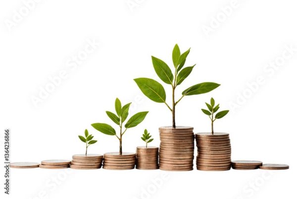 Fototapeta A small tree growing atop stacks of coins thriving