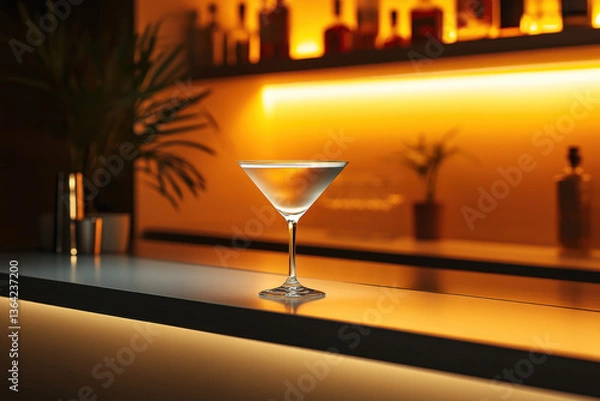 Fototapeta Martini glass on bar counter with olives skewered on a toothpick. Subtle background of dimly lit bar setting with bottles.