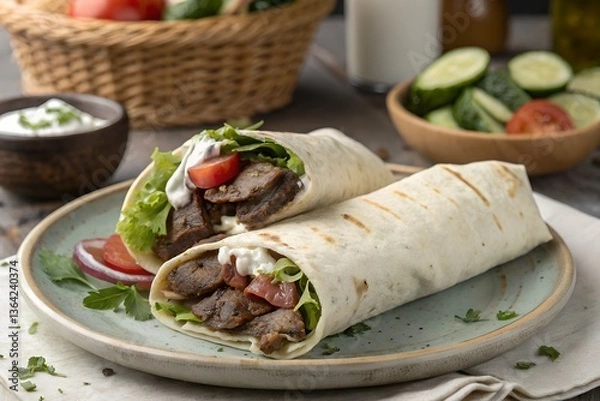 Obraz Delicious Gyro Wraps with Tzatziki Sauce Fresh Mediterranean Cuisine