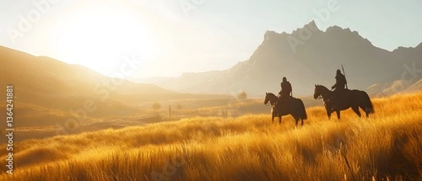 Fototapeta Two armored knights on horseback gallop across a vast golden field with majestic mountains rising in the distance and a clear blue sky above bathed in warm cinematic lighting