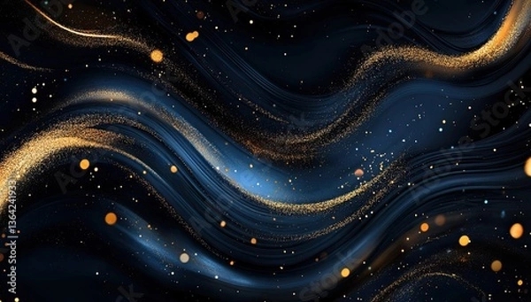 Fototapeta Abstract dark background with flowing golden and blue waves, speckled with glittering particles