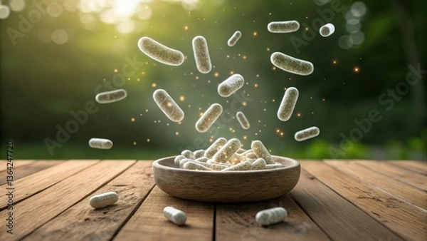 Fototapeta Probiotic capsules floating above a wooden table in high fidelity.