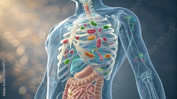 Fototapeta Microscopic gut flora within a transparent human torso illustration.