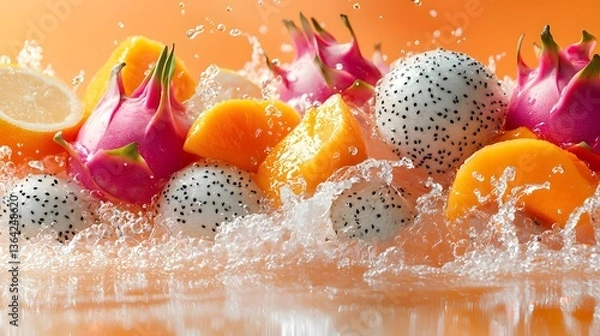Fototapeta Vibrant Tropical Fruits Splashing in Water Dragon Fruit Mango Lemon Refreshing Summer