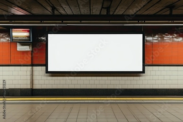Fototapeta Clear Pixel Visual of a Large White Billboard on the Wall of a Subway Station