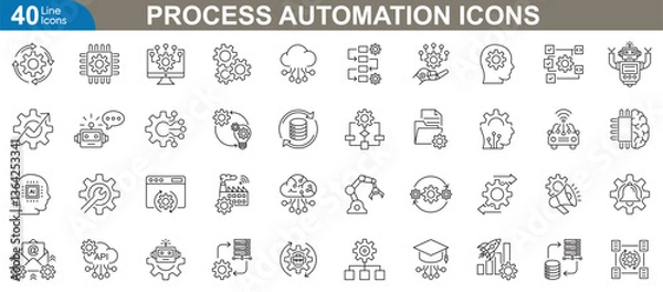 Fototapeta Process automation icons set. Vector illustrations for workflow optimization, system integration, aI automation, business process efficiency, machine learning process and more.