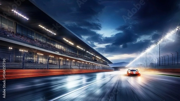 Fototapeta Dynamic viewpoint in evening sports photography of high-speed race circuit action