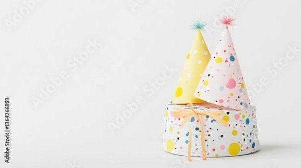 Fototapeta Colorful party hats with playful polka dots and feathers on a white background, ideal for celebrations