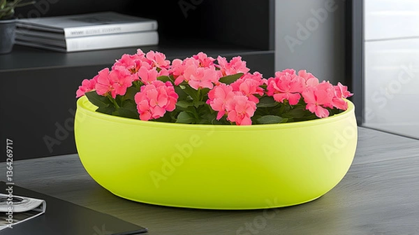 Fototapeta Pink flowers in a lime green bowl on a modern desk, books and window background; ideal for home decor websites