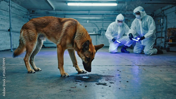 Fototapeta Forensic Investigation: A vigilant German Shepherd expertly sniffs the scene while forensics experts diligently work to collect evidence.