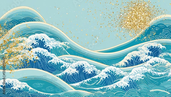 Fototapeta "Ocean's Embrace: A harmonious dance of water and light unfolds in a stunning depiction of ocean waves and sun, reflecting the serene beauty of the open sea.