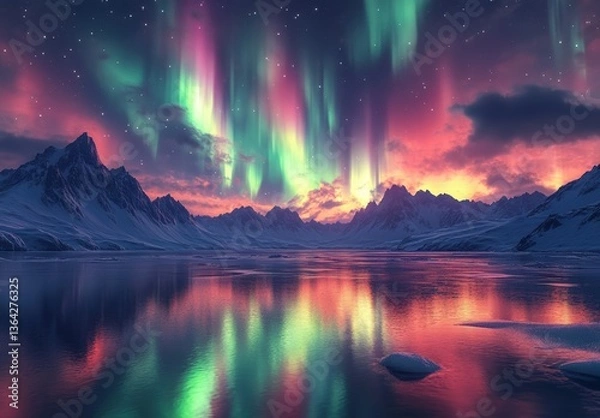 Obraz Stunning Aurora Borealis Illuminating Lake and Majestic Mountains at Twilight