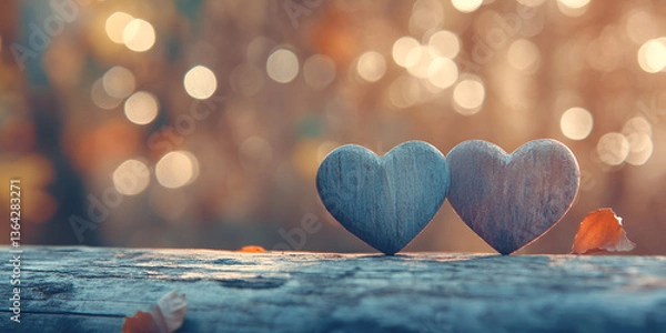 Obraz Romantic Wooden Hearts on Rustic Log – Valentine's Day Concept

