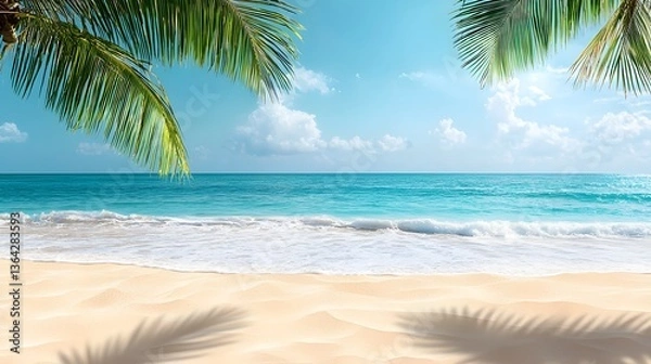 Fototapeta Idyllic beach surrounded by graceful palm trees under a bright sunlight creating a classic tropical paradise scene