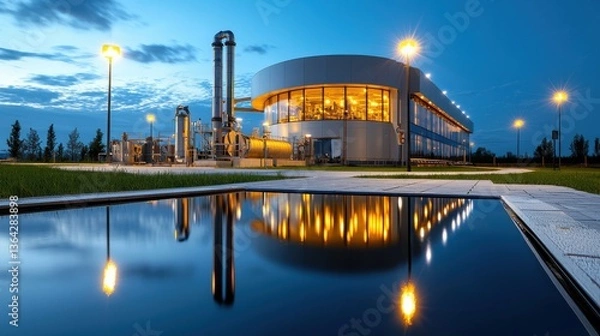 Obraz Illuminated Architectural Masterpiece Reflecting in Tranquil Waters at Dusk   Modern Glass and Steel Building Glowing in the Night with Dramatic Lighting and Mirrored Reflection