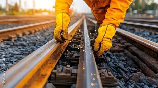 Obraz Railroad worker welding rail tracks.