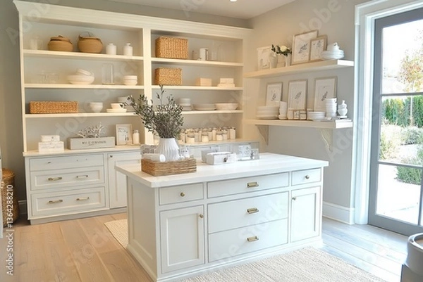 Obraz a well-organized kitchen with shelves and a central island displaying a variety of objects, with the view of outdoors