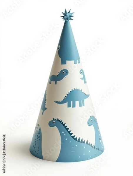 Fototapeta Colorful party hat with dinosaur designs, set against a plain background for festive occasions