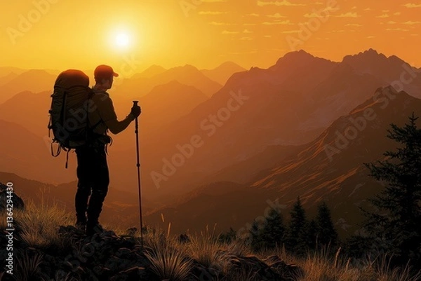Fototapeta A silhouetted hiker stands on a mountain peak at sunset, gazing over a majestic landscape filled with peaks and valleys.