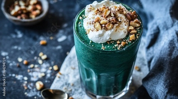 Fototapeta A luxurious spirulina smoothie topped with a dollop of whipped coconut cream and a sprinkle of caramelized nuts