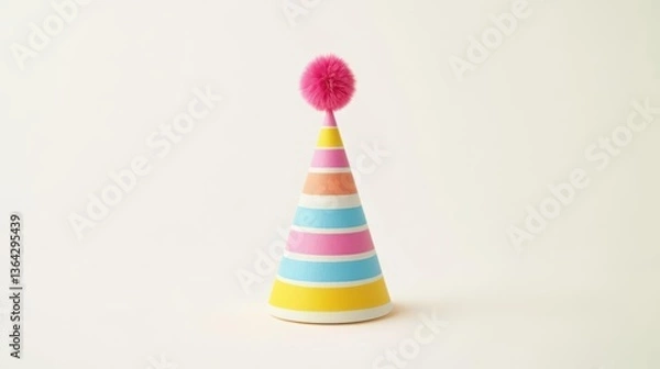 Fototapeta Colorful party hat with a pom-pom on top, set against a plain background, ideal for celebrations
